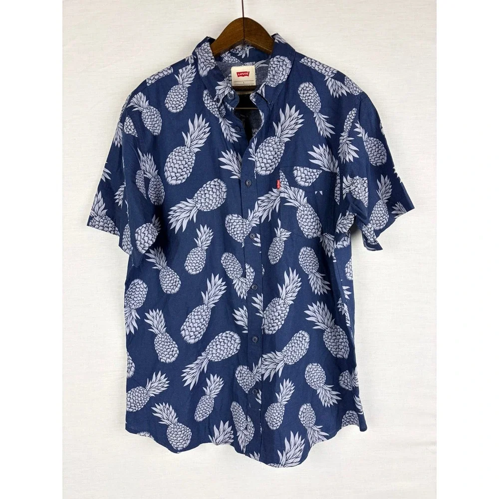 Levis Mens Pineapple Print Button Up Shirt Navy Blue Short Sleeve Cotton‎ Large